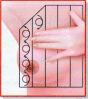 Auto-exame de mamas. Divida o seio em faixas verticais e horizontais e com os dedos estendidos e em pequenos movimentos circulares, faça a palpação de cada faixa, de cima para baixo.
